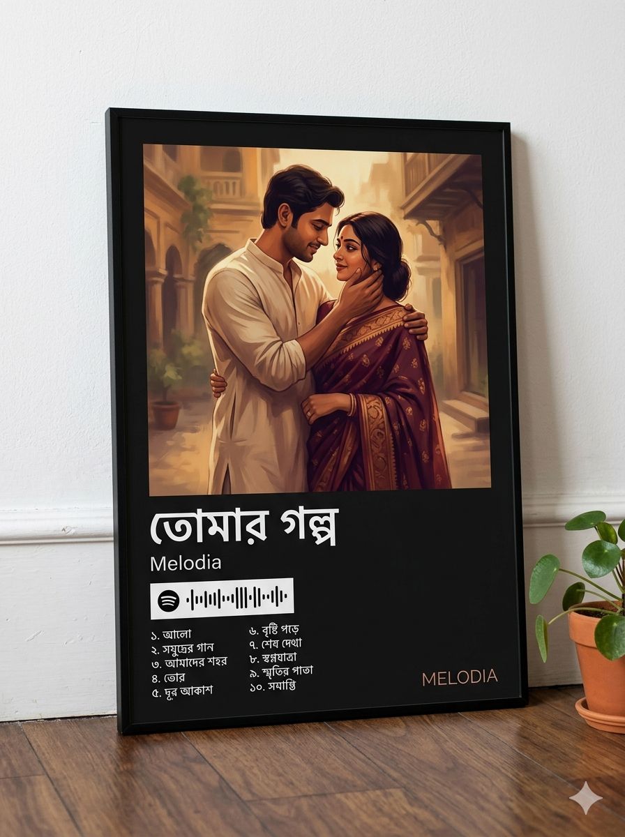 Melodia poster — Tomar Golpo, with illustrated Bangladeshi couple